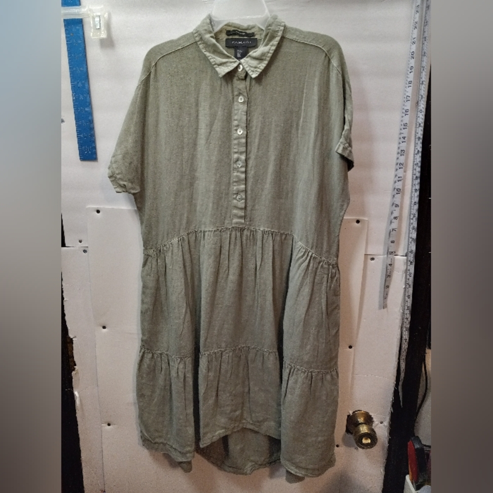 Tahari 100% Linen Tiered Agate Rustic Ruffled Midi Collared Dress Minimalist